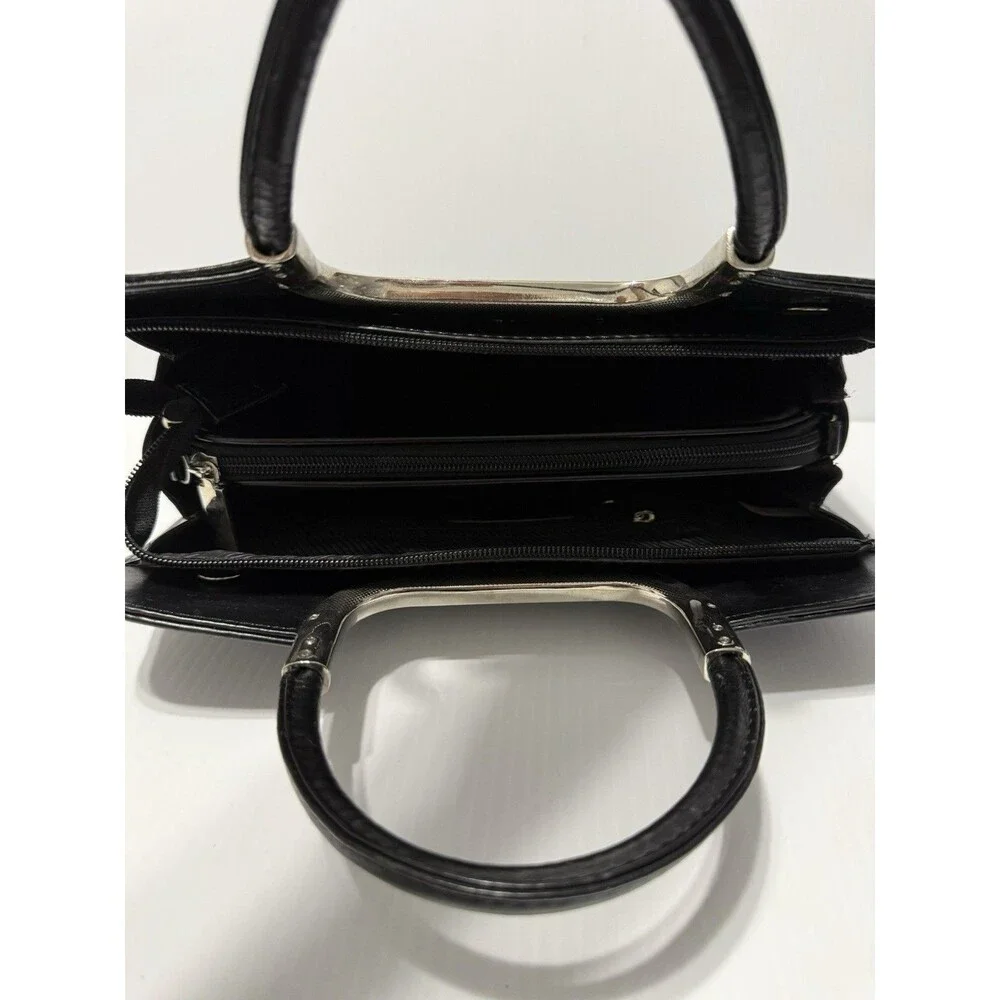 Black Faux Leather Metal Handle Handbag Purse With Removable Insert Vintage